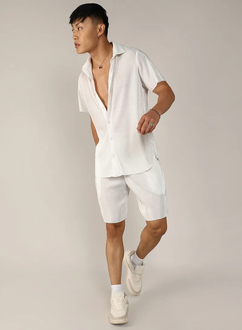 CAHOOT  Men's Chalk White Pleated Co-Ord Set For Casual Wear | Spread Collar | Short Sleeve | Button Closure | Co-Ords Crafted With Comfort Fit For Everyday Wear for Men | Best Price UAE
